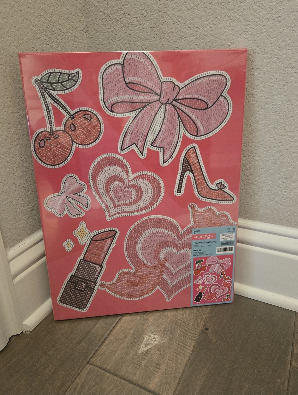 Mounted Canvas Diamond Art Kit, Complete Kit, Bows, Pink Diamond Painting 11X15